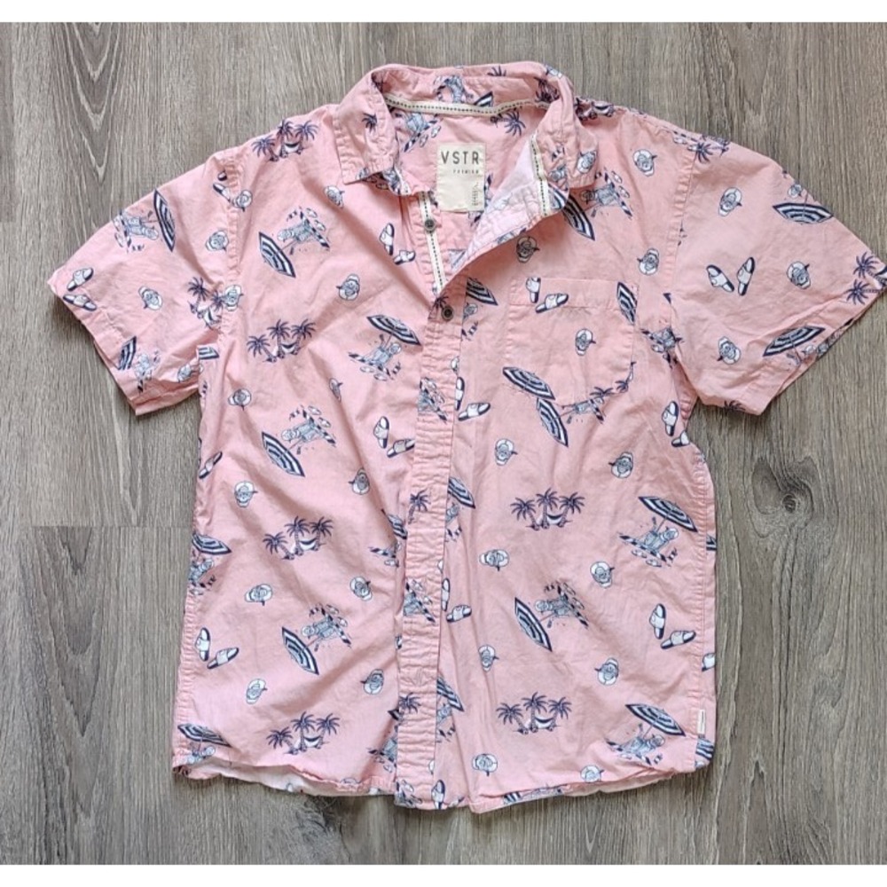 VSTR Premium Beach Short Sleeve Shirt Mens Size M Pink Skeletons‎ on the Beach
